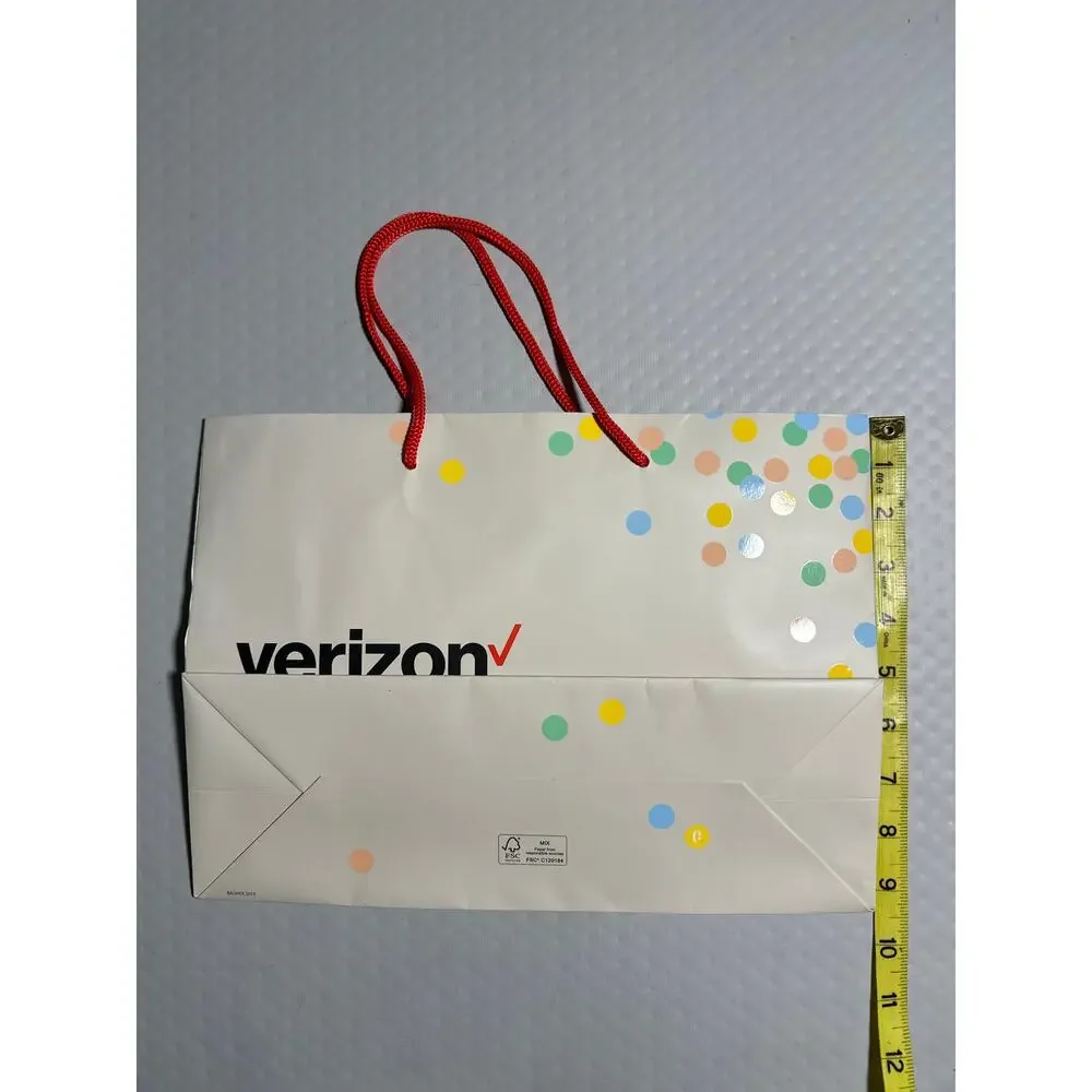 Verizon Paper Shopping Gift Bag 13x9.5x4.5‎ Red Handles Confetti Design Logo